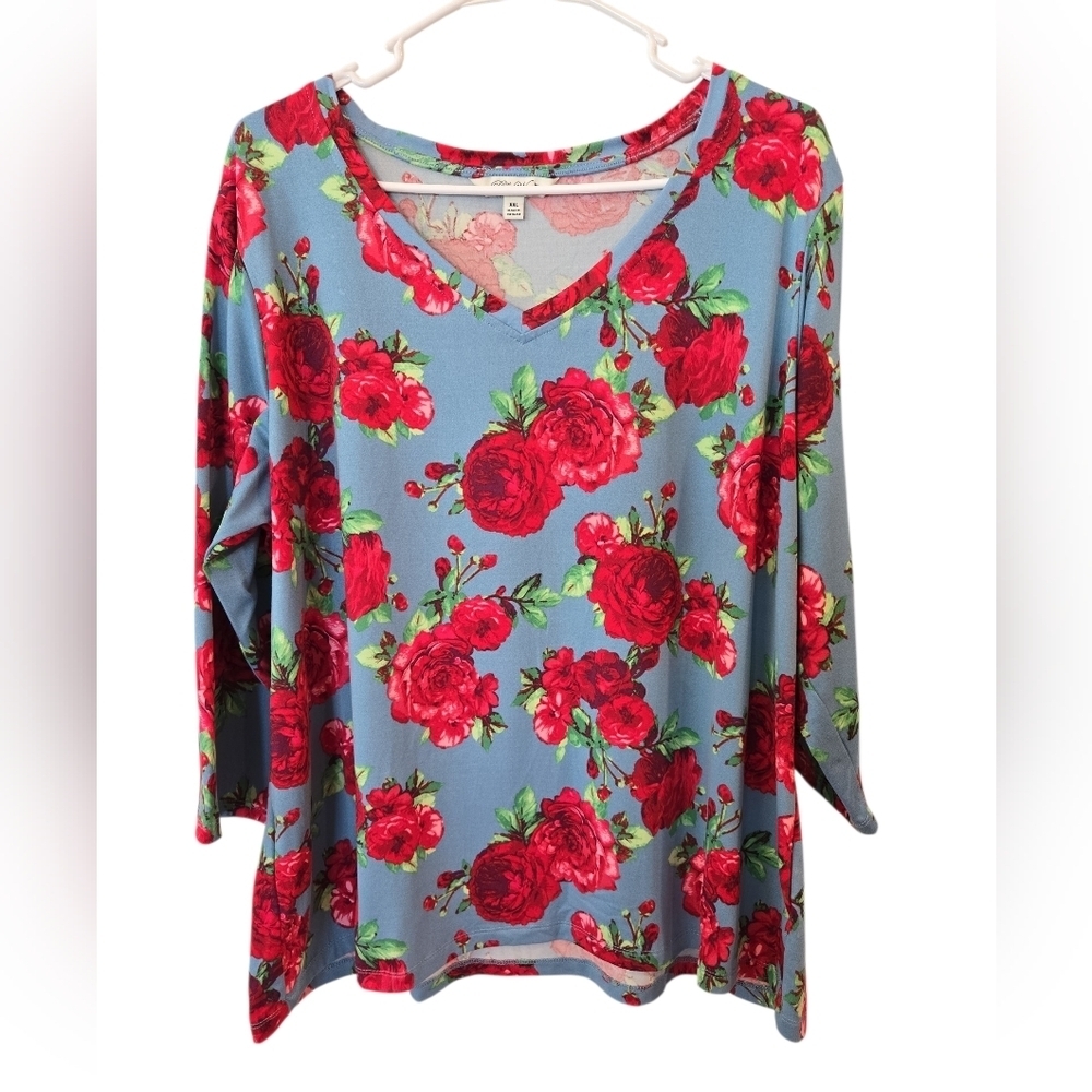 THE PIONEER WOMAN LOT OF 2 ROSE FLORAL V-NECK 3/4 SLEEVE BLOUSES. SIZE XXL.